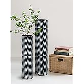 Sziqiqi Black Tall Floor Vase: 27.6/21.7in Metal Modern Cylinder Floor Vases - Woven Texture Extra Large Decorative Vase Set of 2 Home Decor for Living Room Bedroom Home Corner Indoor Office