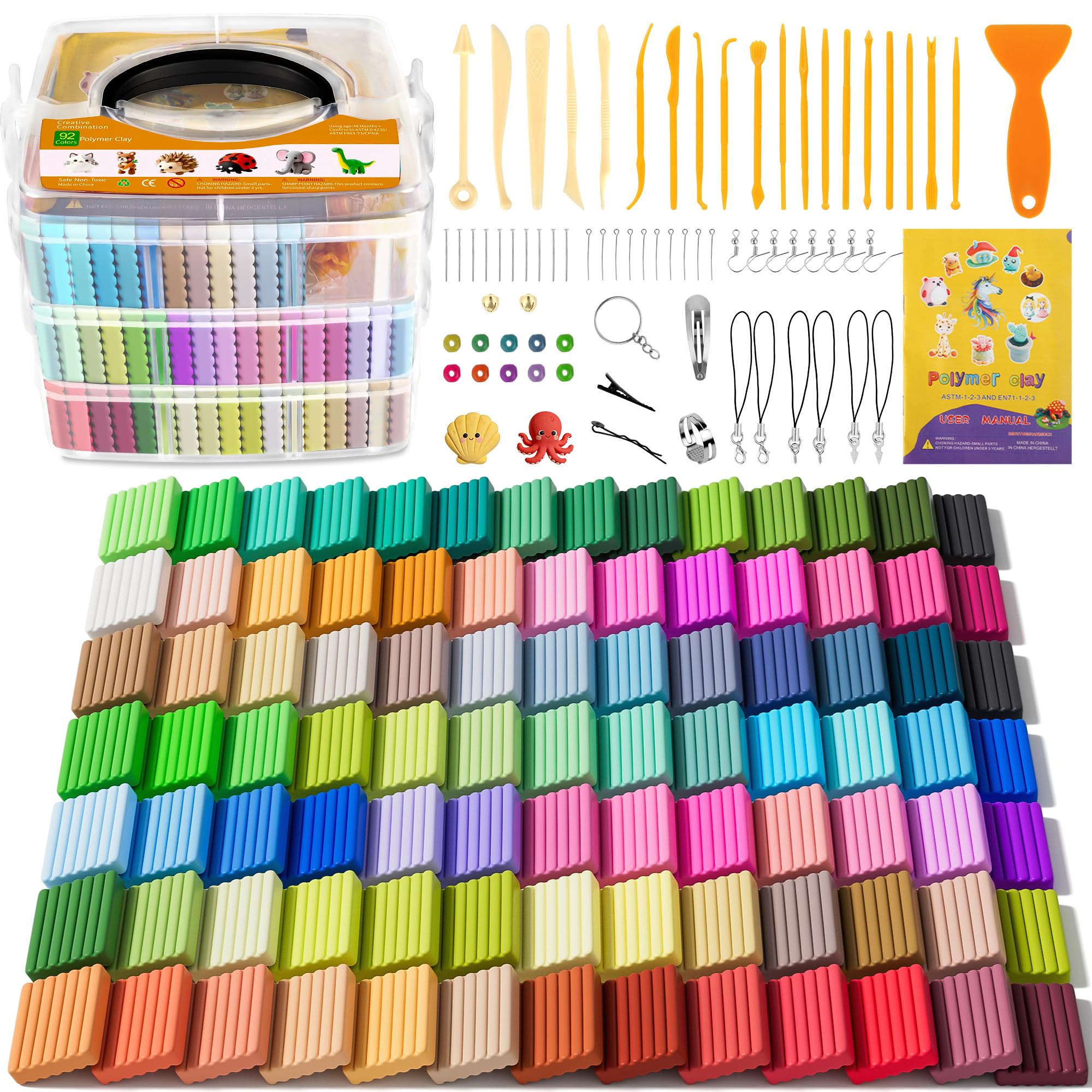 Polymer Clay 92 Colors, Modeling Clay for Kids, Non-Sticky Oven Bake Clay with Sculpting Tools and Accessories, Halloween Christmas Gift for Children and Artists Image