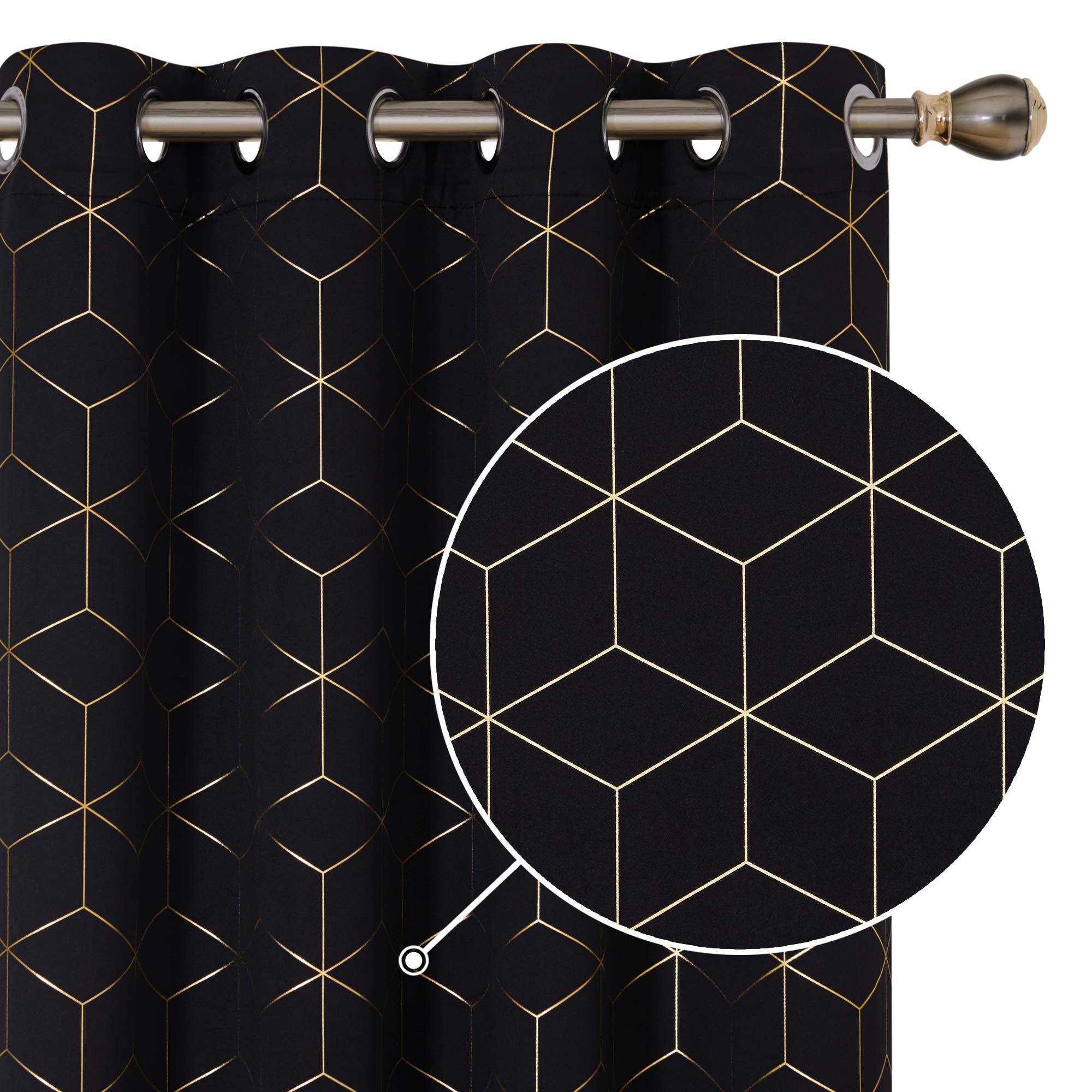 Deconovo Thermal Insulated Blackout Curtains, Eyelet Curtains, Super Soft Gold Diamond Printed Curtains for Bedroom, 46 x 72 Inch(Width x Length), Black, One Pair