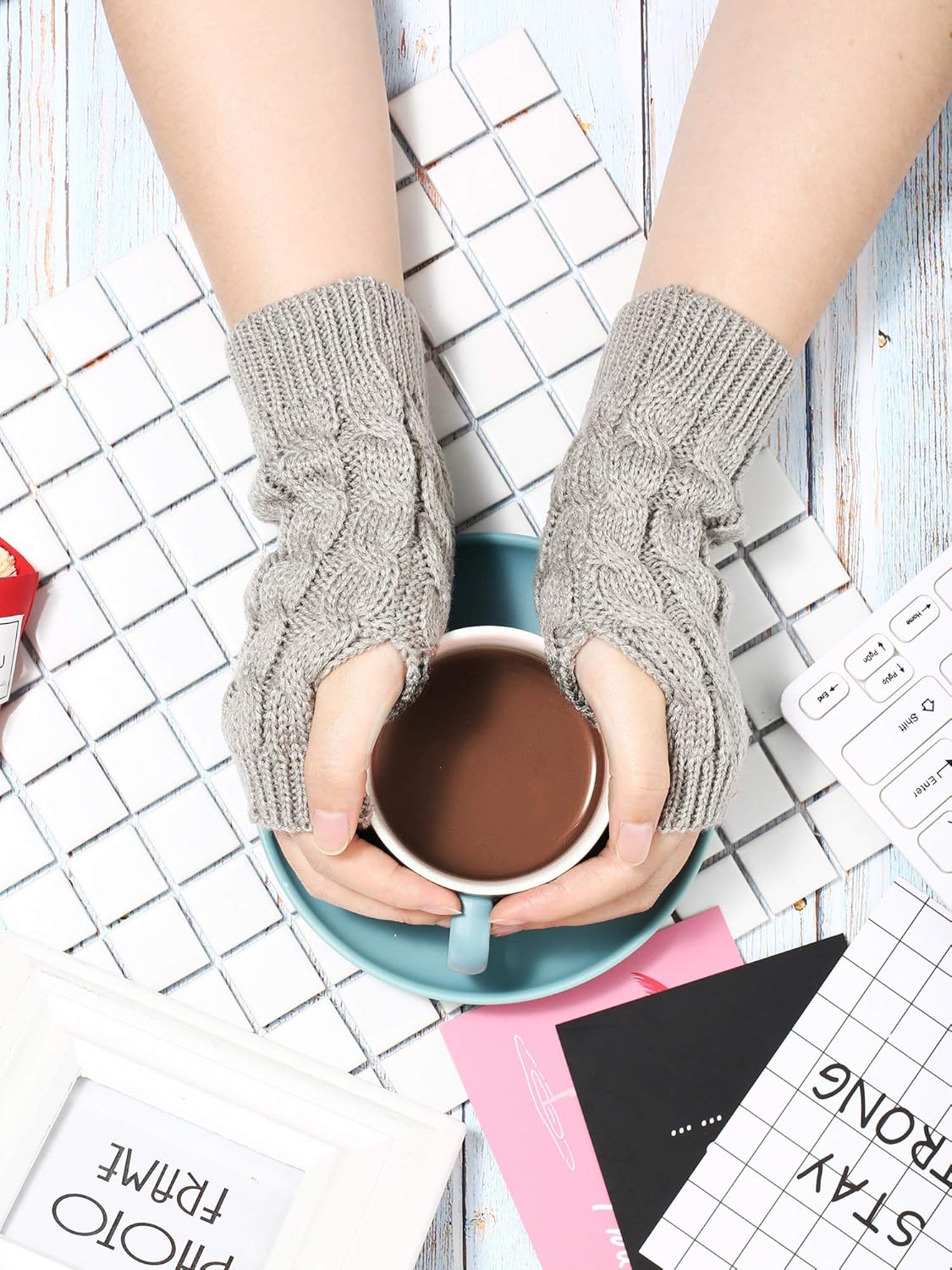 4 Pair Fingerless Thumb Hole Gloves Winter Knit Arm Warmer Mitten for Women (Black, White, Dark Grey, Light Grey) at  Women’s Clothing store
