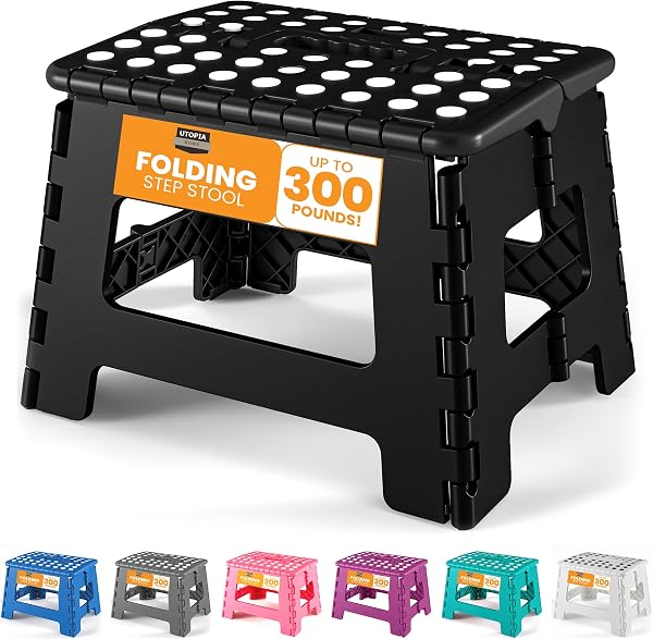 Utopia Home Folding Step Stool 9 Inch, Anti-Slip, Black, 1-Pack | Foldable step stool with anti-slip surface, built-in handle