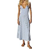 DURUNUL Women Summer Flowy Striped Dresses Smocked V Neck Tank Top Beach Dress Sleeveless Sundress Long Dress with Pockets