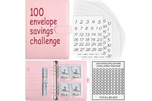 Phyxin 100 Envelope Challenge Binder, PU Leather A5 Binder, Budget Book with Cash Envelopes, 100 Envelopes Money Saving Challenge to Save $5,050, Budget Binder Planner Book, Pink