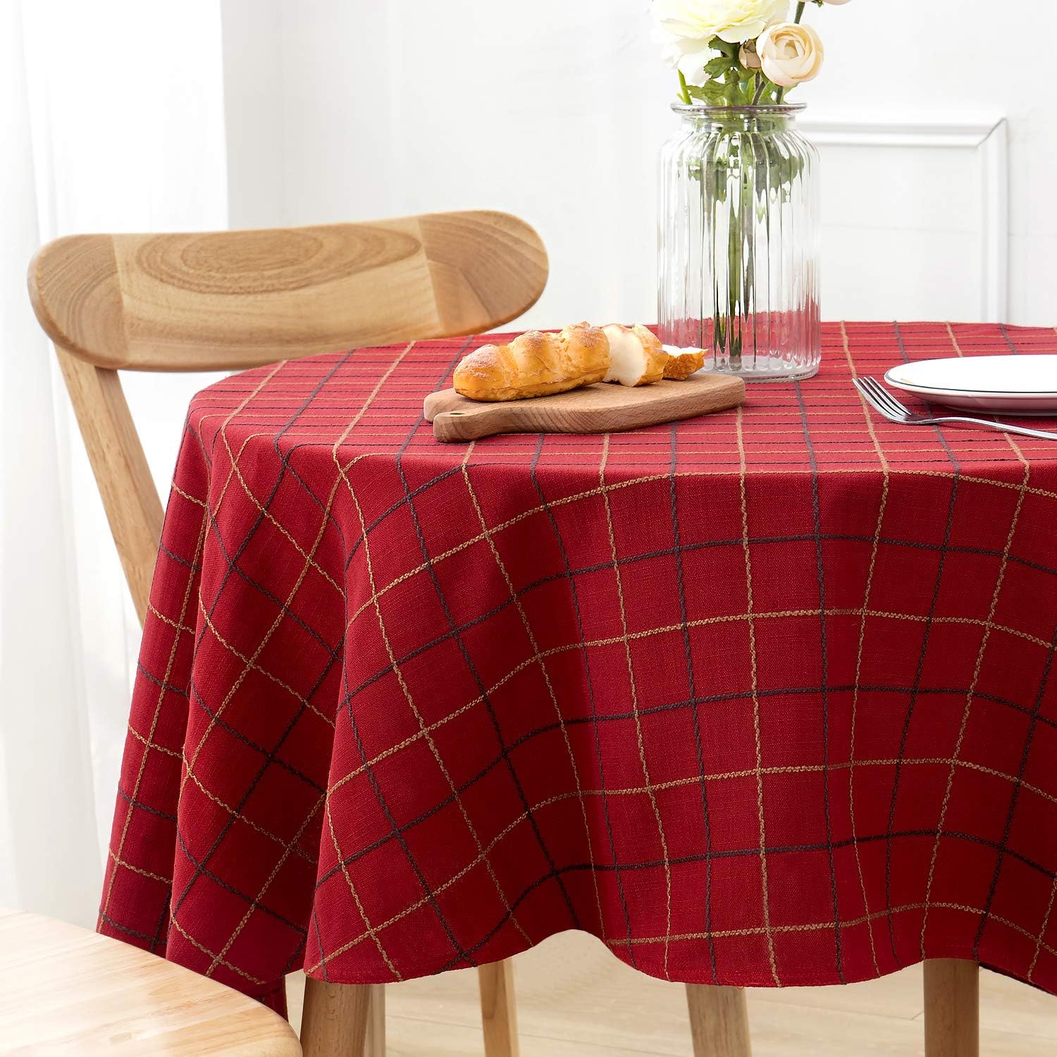 joybest Tablecloths, Rectangle Table Cloth Cotton Linen Wrinkle Free Stitching Lattice Washable Tablecloths Dust-Proof Table Cover for Party Kitchen Dinning (Round, 70 Inch, Red): Kitchen & Dining