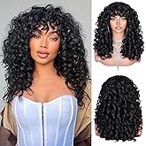 RunM Black Curly Wig with Bangs for Black Women Long Curly Afro Wig Big Bouncy Fluffy Synthetic Fiber Glueless Hair for Cosplay and Daily 17 Inch