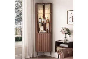 JOINICE 70" Tall Corner Bar Cabinet, Mid-Century Modern Fluted Storage Cabinet with Glass Shelves, Door & LED Lighting, Space-Saving Liquor Cabinet for Living Room, Kitchen, or Dining Room, Walnut