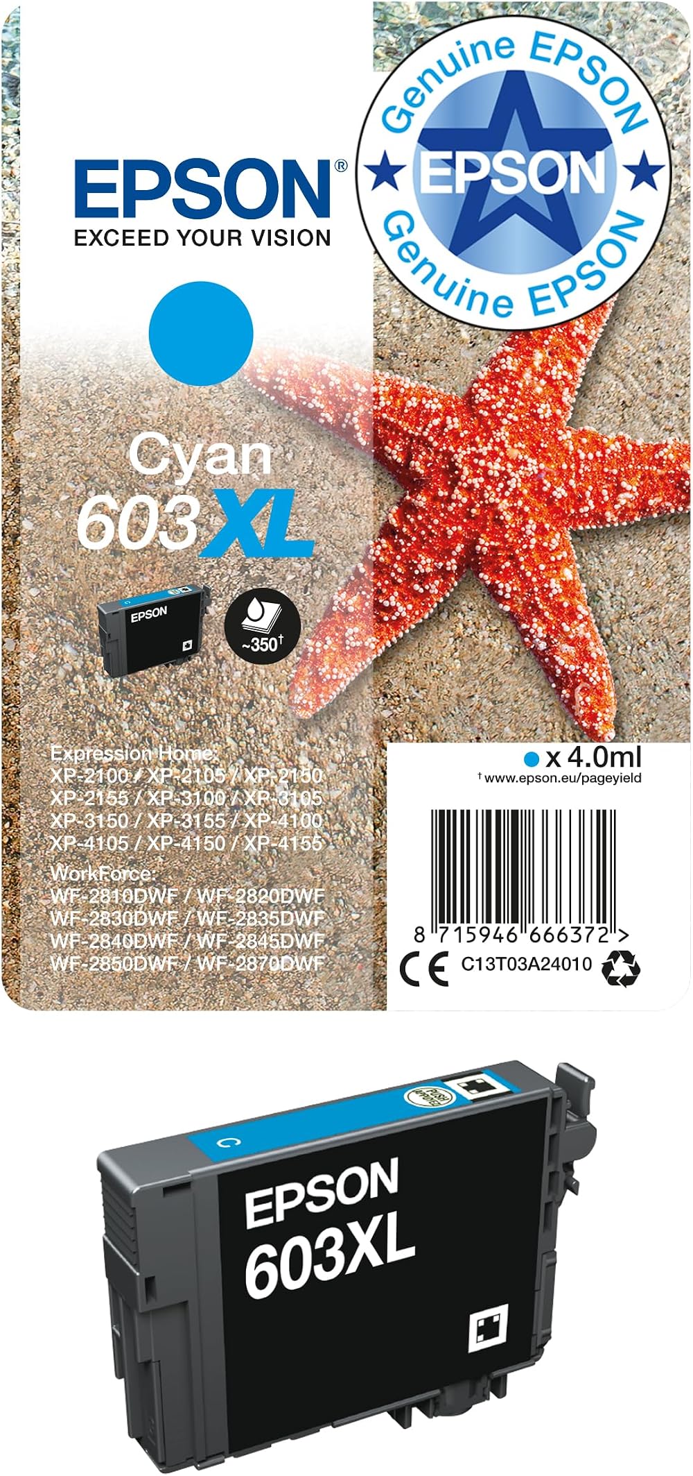 Epson 603XL Cyan High Yield Genuine Ink Cartridge 603XL