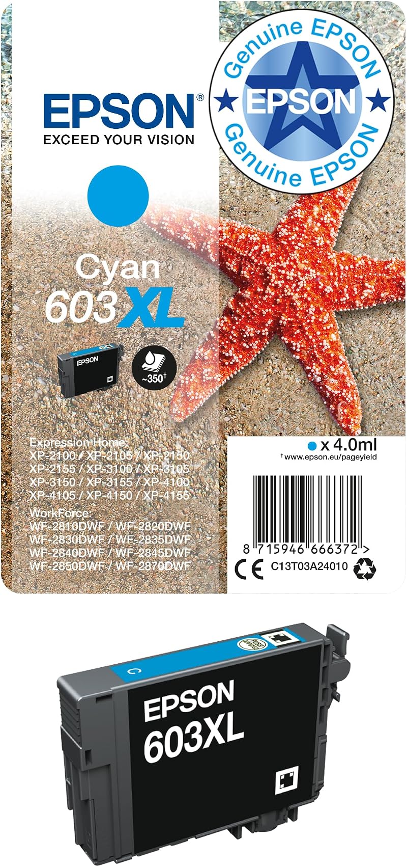 Epson 603XL Cyan High Yield Genuine Ink Cartridge 603XL