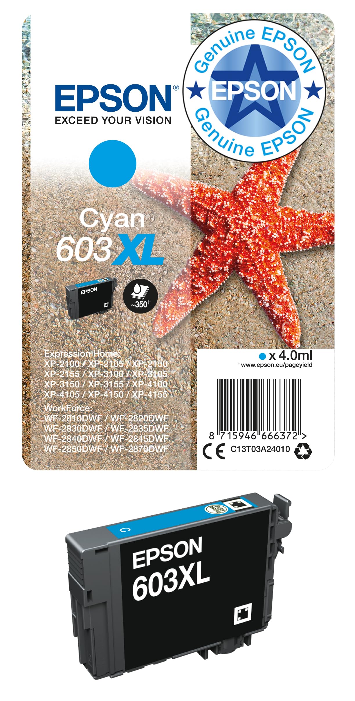 Epson 603XL Cyan Starfish High Yield Genuine, Ink Cartridge