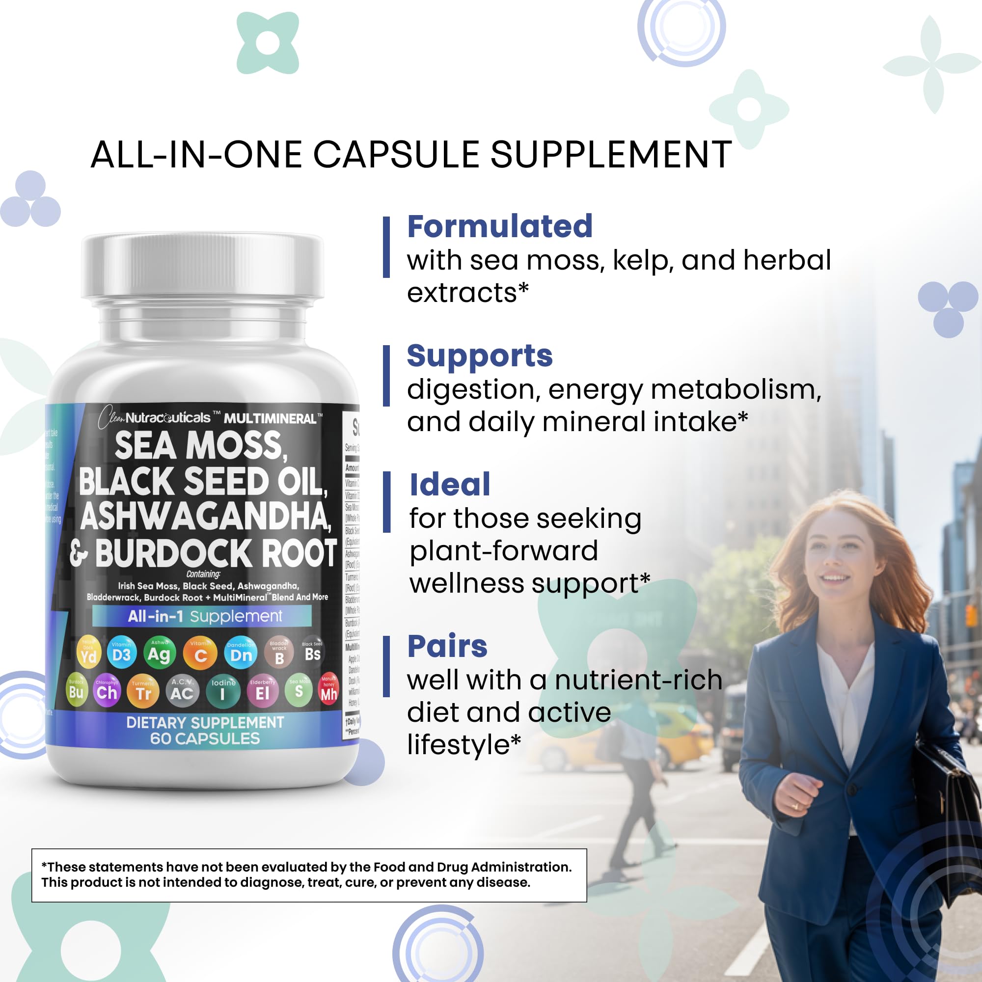 Clean Nutraceuticals Sea Moss Black Seed Oil Ashwagandha Turmeric Bladderwrack Burdock & Vitamin C Vitamin D3 with Elderberry Manuka Dandelion Yellow Dock Iodine Chlorophyll ACV
