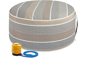 FUNHOME Inflatable Outdoor Ottoman with Air Pump,20"x9" Portable Patio Pouf,Water Resistant,Fade-Resistant,Round Blow Up Footrest Stools for Home Garden Camping Travel(Gray Stripe)