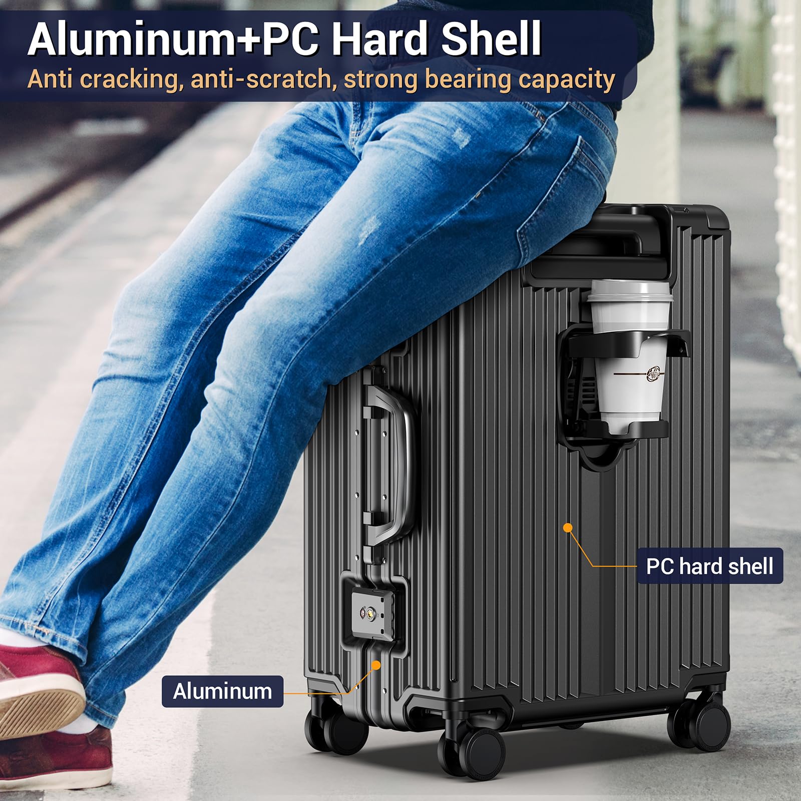 Ladplay Portable Carry on Luggage Airline Approved, Expandable Luggage for Trips, Practical Suitcase with Front Pocket ＆USB Port. (01-Black)