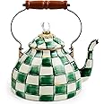 MACKENZIE-CHILDS Enamel Tea Kettle, Stylish Tea Kettle for Stovetop, Green-and-White Emerald Check, 3 Quarts