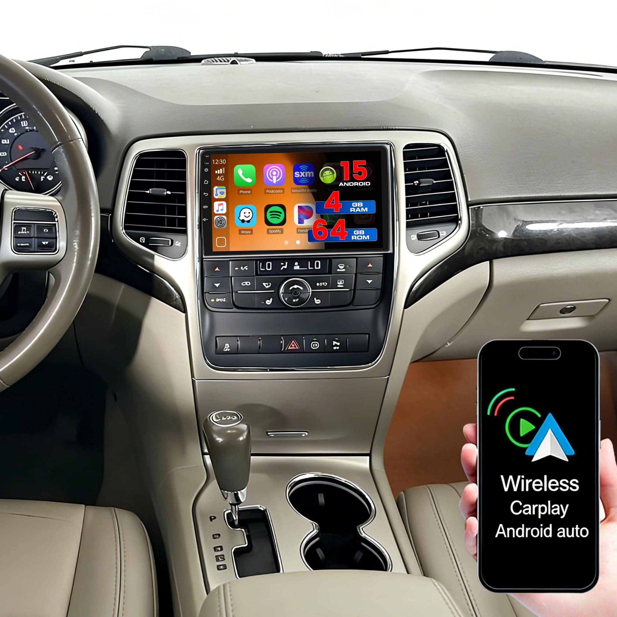 Photo 1 of [DSP 4+64G] Android 15 Car Stereo for Jeep Grand Cherokee 2008-2013, Hikity 9'' Touchscreen Cherokee Radio Wireless Carplay Android Auto 5GWiFi 32EQ/FM Radio Bluetooth/1280*720P/GPS Backup Cam+Canbus