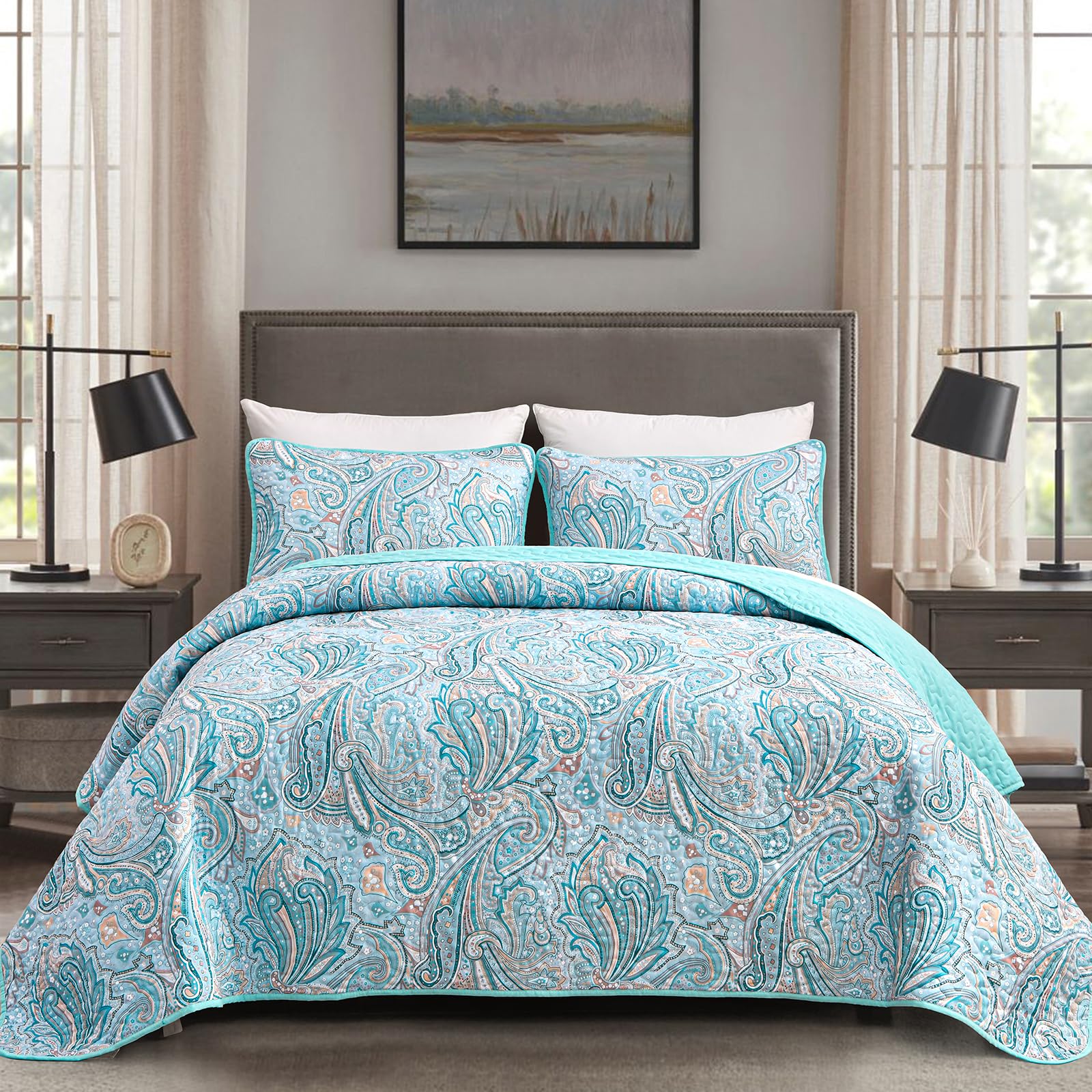 DJY Blue Paisley Quilt Set Queen Size Boho Bedspread Coverlet Set 3 Pieces, Soft Lightweight Microfiber Light Blue Paisley Floral Pattern Bedding for All Season, 96''x90'' Image