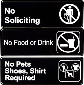 Easy Mounting, Super Durable Warning Signs 3pk. Black Plastic Placards for Doors or Windows. No Soliciting, No Food or Drink and No Pets, Shoes, Shirt for Indoor or Outdoor Use at Homes or Businesses