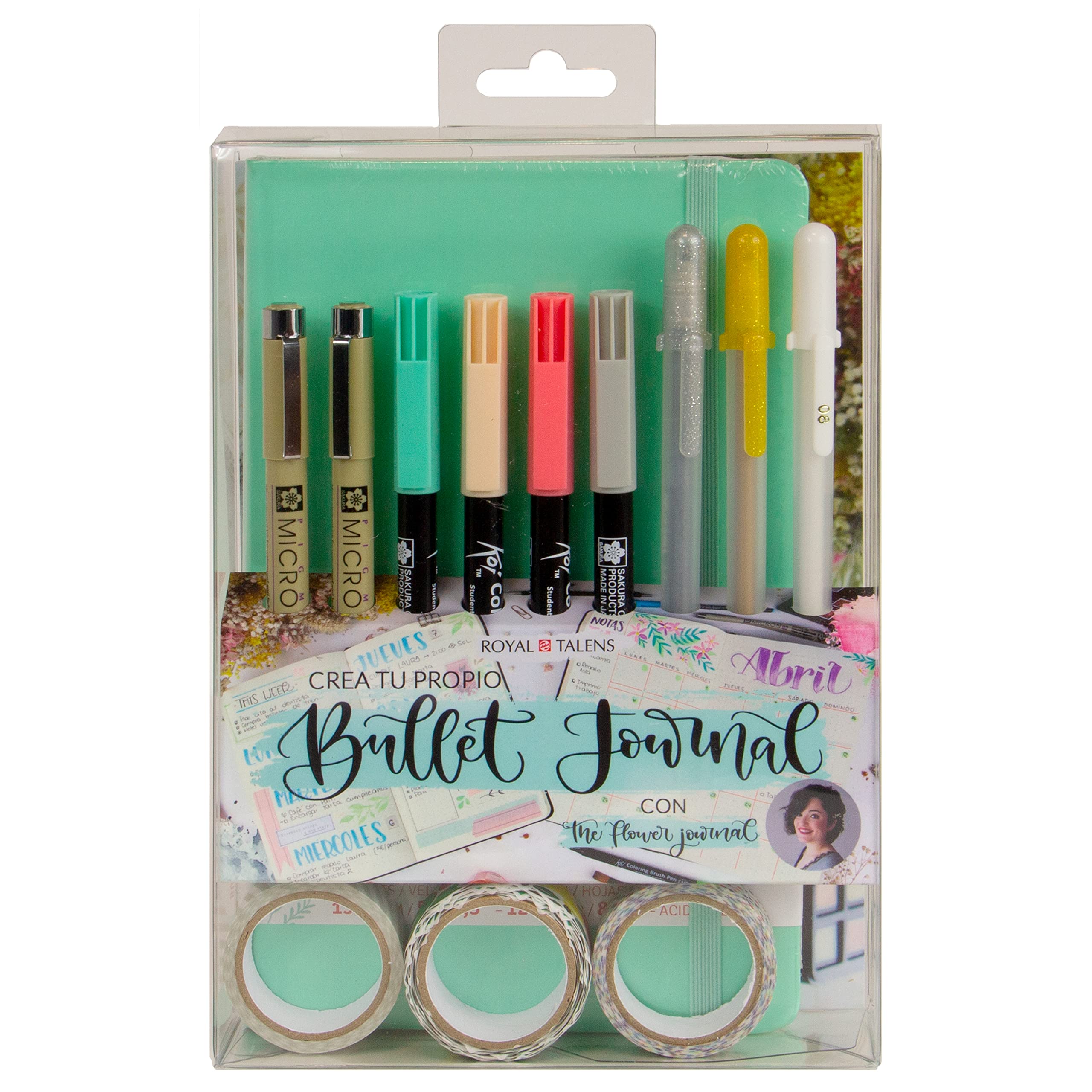 Talens Create Your Own Bullet Journal (Mint Blue) with The Flower Journal, Dot Book, 2 Fineliners, 3 Gel Pens, 4 Brush Pens, 3 Washi Tapes, Step-by-Step Guide