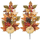 2PCS Artificial Fall Branches Fake Pumpkin Pine Cone Maple Beech Leaves with Red Berries, 30" Tall Faux Fall Stems Autumn Décor for Vase Farmhouse Kitchen Table Centerpiece Decoration