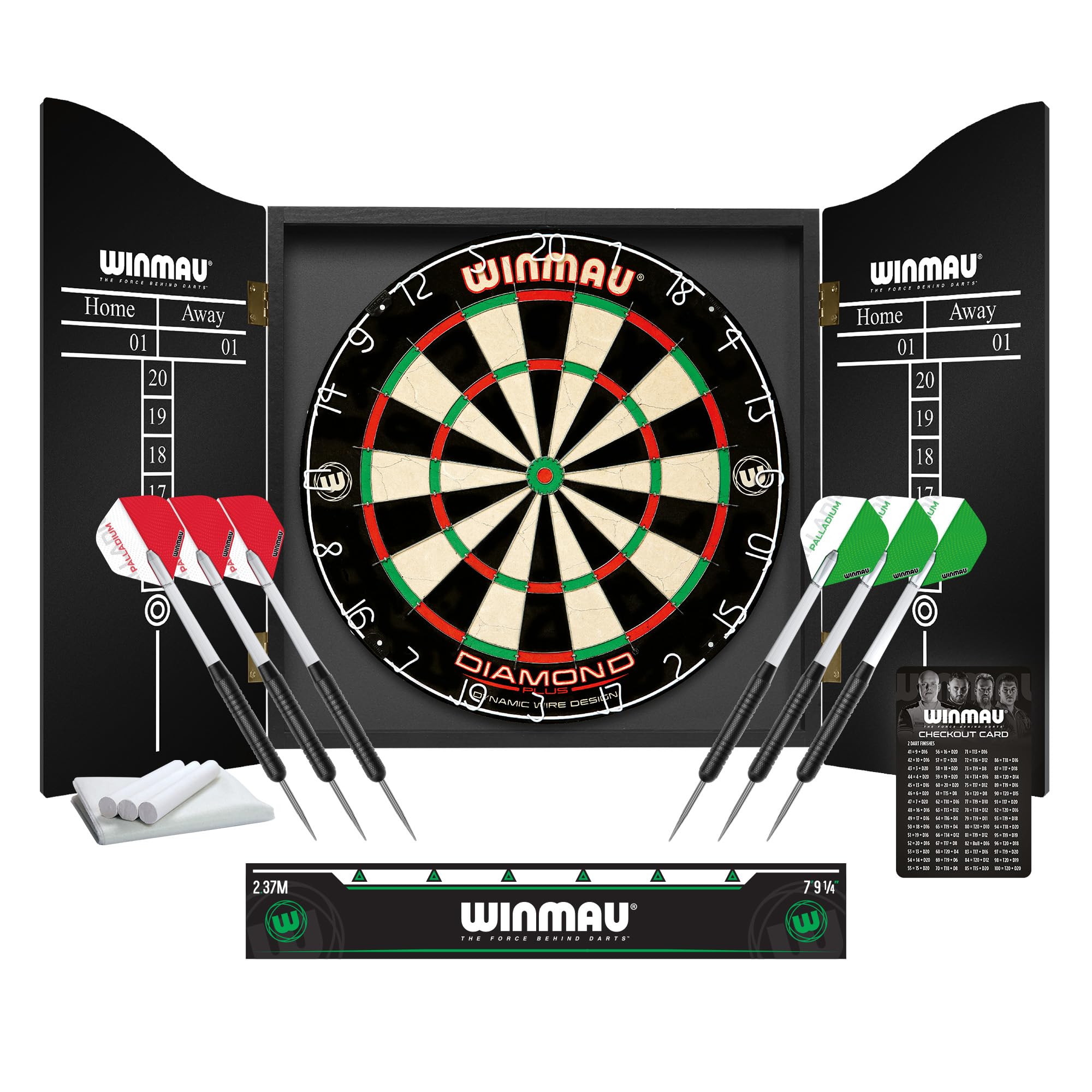 WINMAU Diamond Plus Dartscheibe Steeldart Set – Professionelles Sisal-Dartboard mit schwarzem Schrank, 2 Dart-Sets, Abwurflinie, Kreide & Handtuch. Komplettes Dartboard-Set für Zuhause.