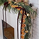 Daifunli 6FT Christmas Garland Decoration Realistic Norfolk Pine Greenery with Dried Orange Slices Garland Red Velvet Bows Rustic Bells Vintage Xmas Holiday for Fireplace Mantel Doorway Indoor Outdoor