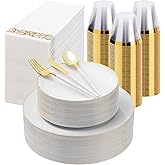 350 Pieces White Gold Plastic Dinnerware Set, Gold Disposable Plates for Party, Graduation, Include 100 White Plates with 150 Plastic Cutlery, 50 Napkins and 50 Cups