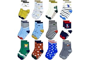 ELUTONG Baby Boys Socks with Grip Non Slip Toddler Socks Anti Skid Crew Socks for 0-7 Years Babies Infants Kids(12 Pairs)