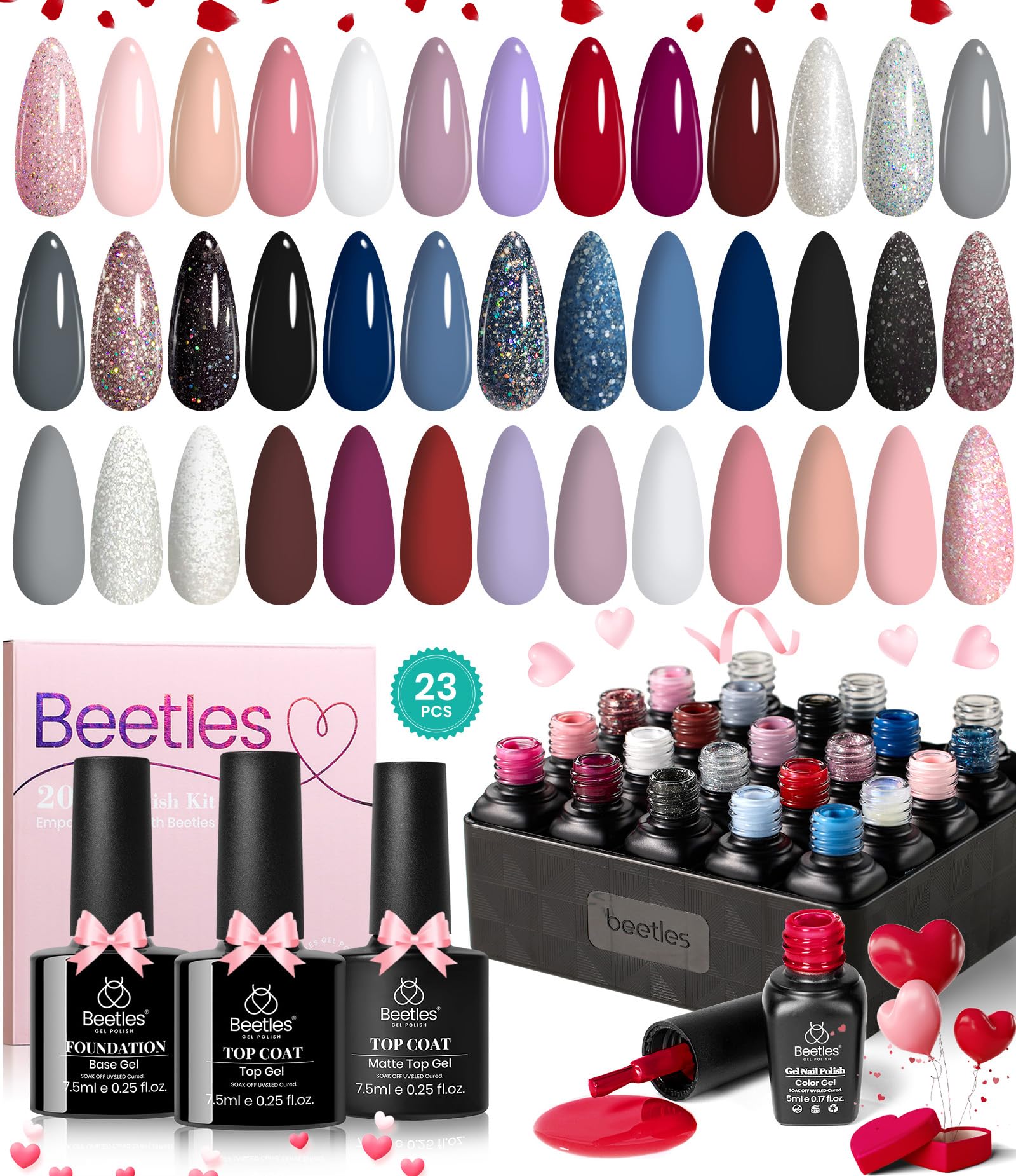 Beetles 23Pcs Gel Nail Polish Set with 3Pcs Base Matte Glossy Top Coat, Nude Gray Pink Blue Burgundy Glitter Gel Polish Kit Modern Muse Kit, Soak off Uv Gel for Women