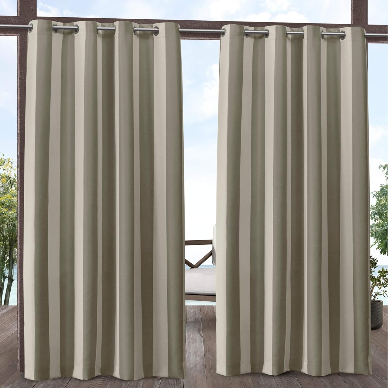 Exclusive Home Curtains Canopy Stripe Indoor/Outdoor Grommet Top Curtain Panel Pair, 54x108, Taupe/Sand