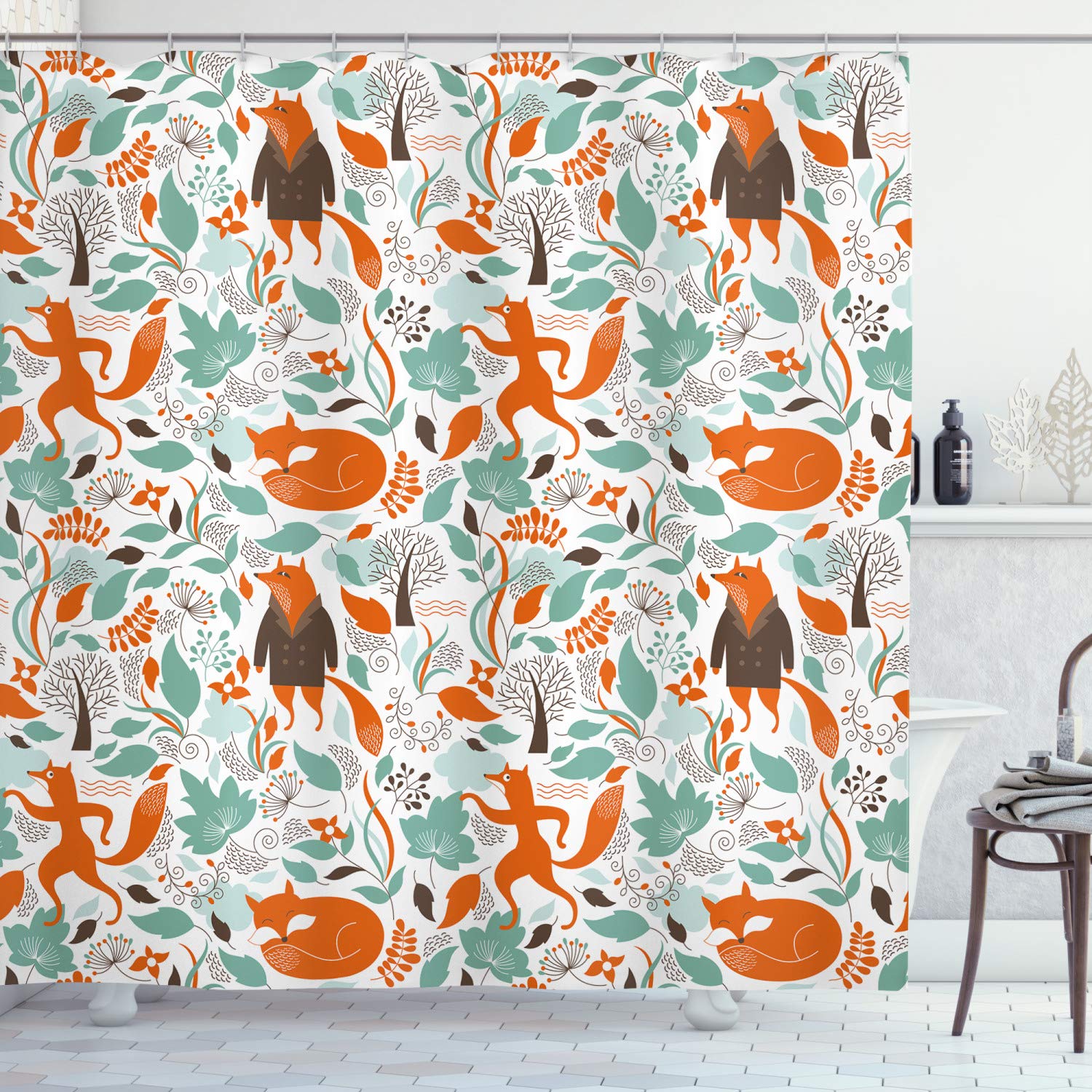 ABAKUHAUS Fox Shower Curtain, Funny Sleeping Fashion Fox Falling Autumn Leaves Graphic Garden, Cloth Fabric Bathroom Decor Set with Hooks, 78 Inches, Turquoise Orange Brown