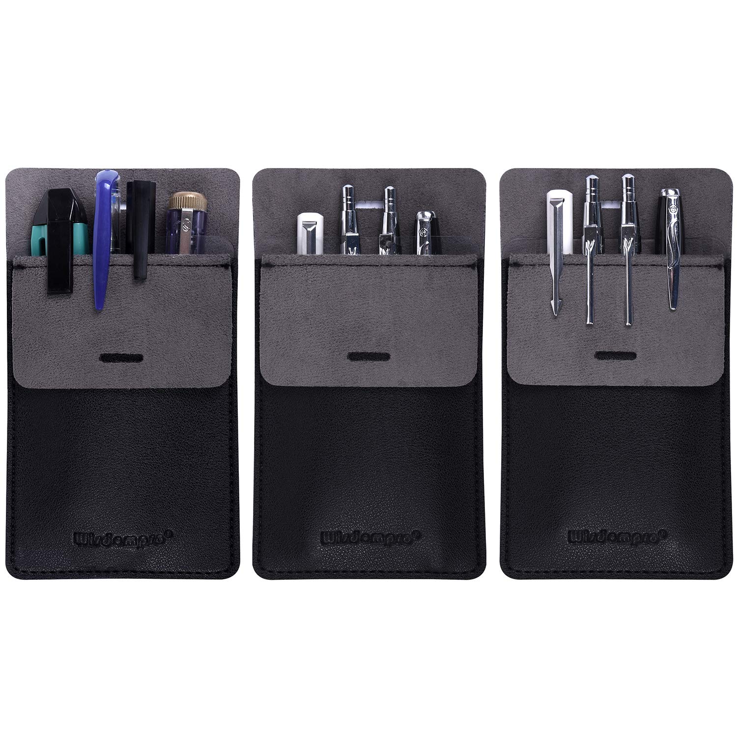 wisdompro Pocket Protector, 3 Pack PU Leather Heavy Duty Pen Holder Pouch with Clear PVC Divider for Shirts, Lab Coats, Pants - Multi-Purpose - Holds Pens, Pointers, Pencils, and Notes - Black