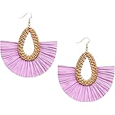 SELFWIMG Statement Raffia Tassel Earrings Boho Summer Beach Earrings Lightweight Straw Wicker Dangle Drop Earrings Trendy Rattan Fringe Jewelry for Women