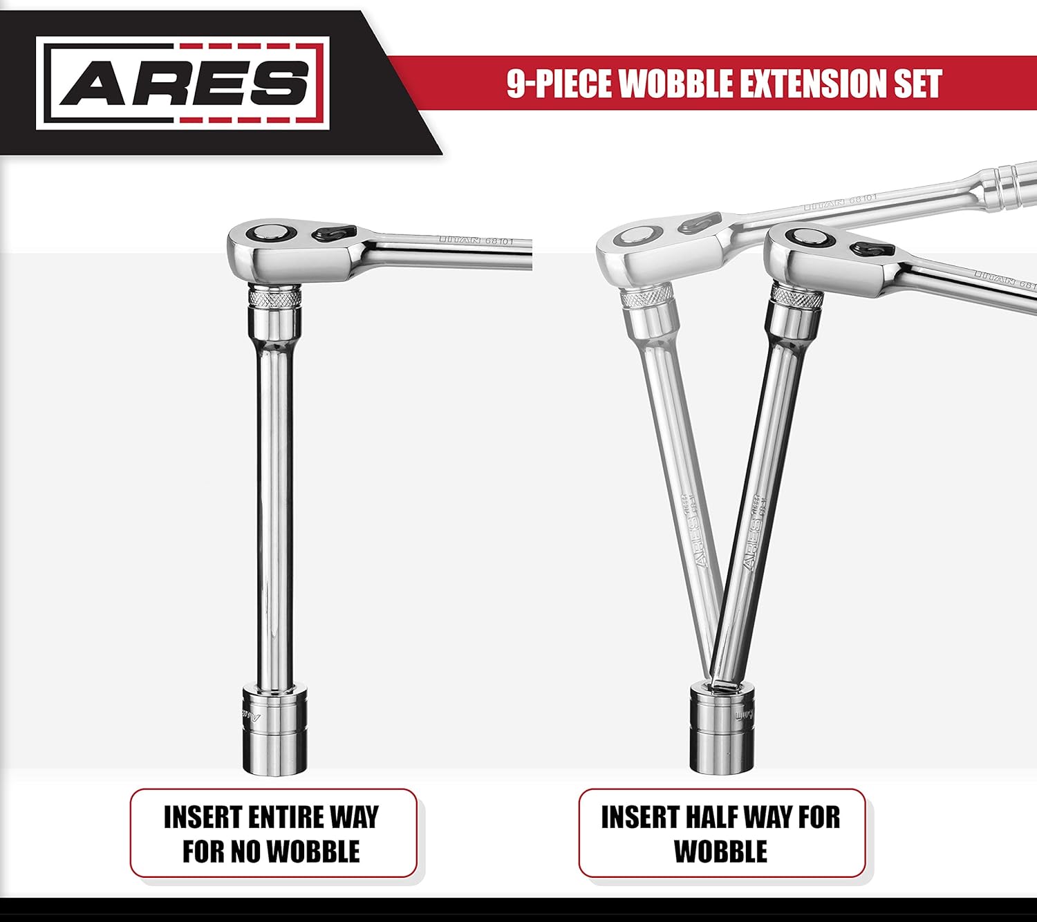 ARES 70330-9-Piece Wobble Extension Set - Premium Chrome Vanadium Steel Construction - 1/4-inch, 3/8-inch and 1/2-inch Drive Sizes Included - Storage Tray Included - - 