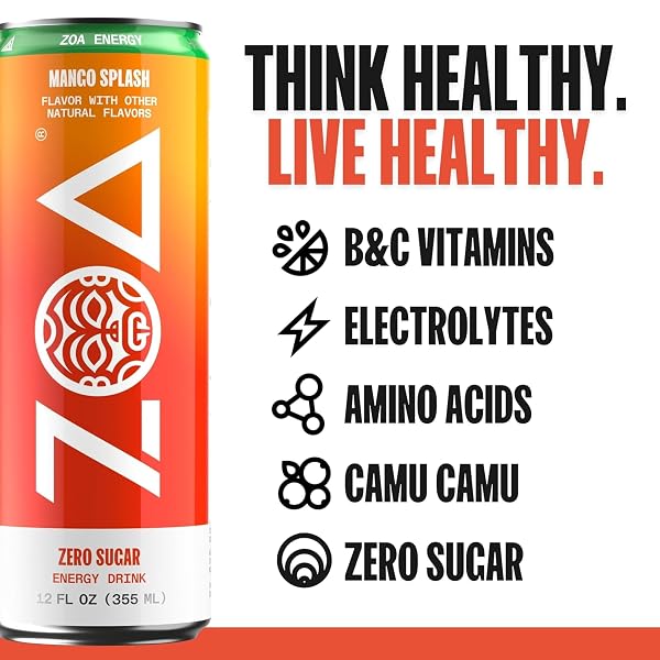 ZOA ZERO SUGAR ENERGY DRINKS, MANGO SPLASH – SUGAR FREE WITH ELECTROLYTES, HEALTHY VITAMIN C, AMINO ACIDS, ESSENTIAL B-VITAMINS, AND CAFFEINE FROM GREEN TEA – 12 FL OZ (12-PACK)