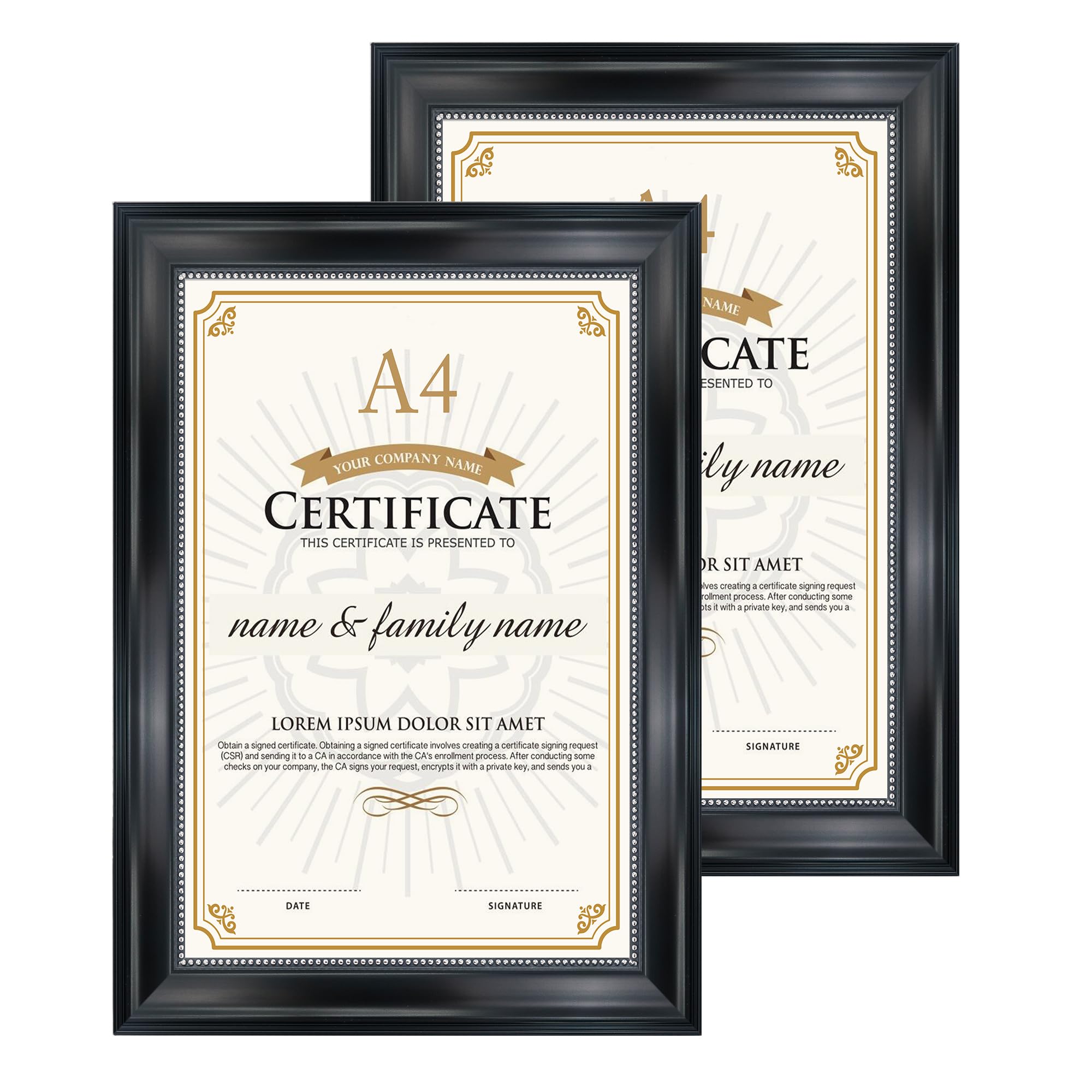 GraduatePro Certificate Frame A4 Diploma Document Frame Black Finish with Silver Beaded for Wall & Tabletop Design 2 Pcs