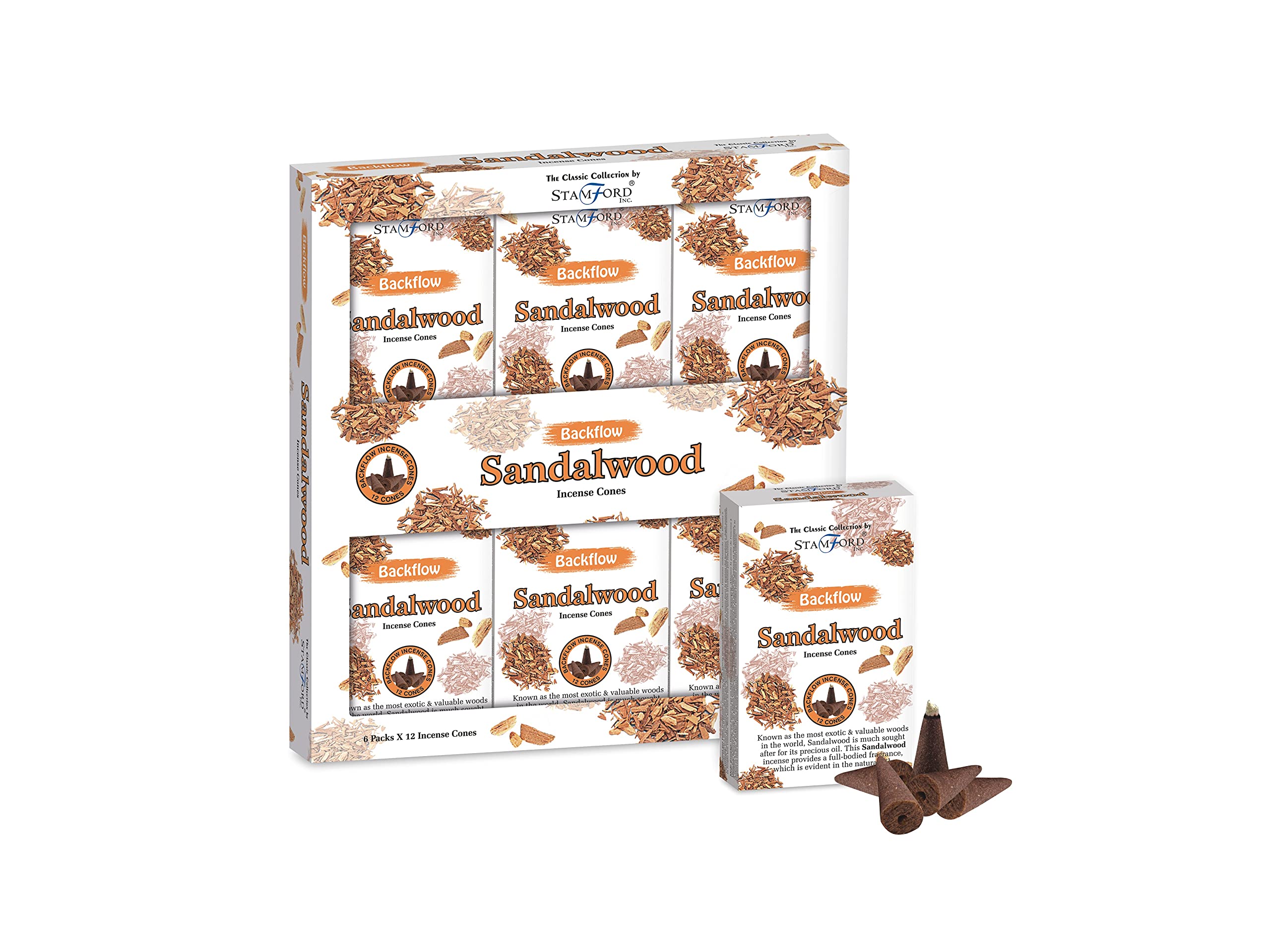 Stamford London 30430 Sandalwood Incense Backflow Cones, 12 Cones x 6 Packs
