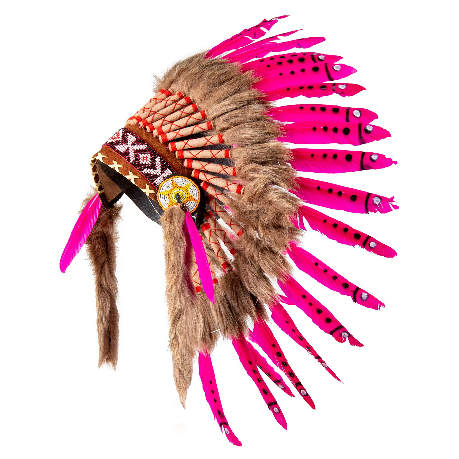 Pink Pineapple Handcrafted Native American Inspired Feather Headdress - Short Length - Fuchsia with Black Spots