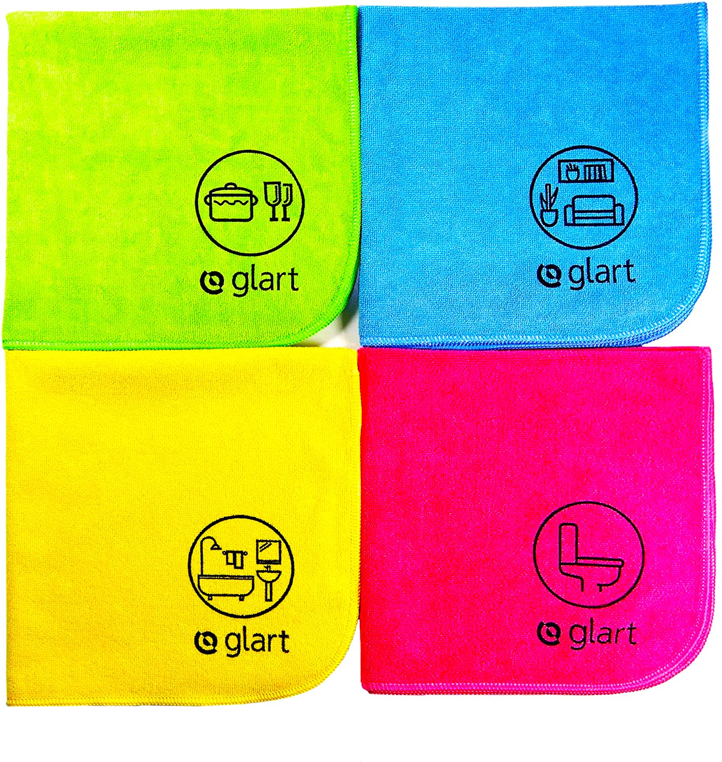 Glart 4-piece microfibre cloths 40 x 40 cm all-purpose cloths home kitchen toilet bathroom house garden office, Green/Blue/Yellow/Pink