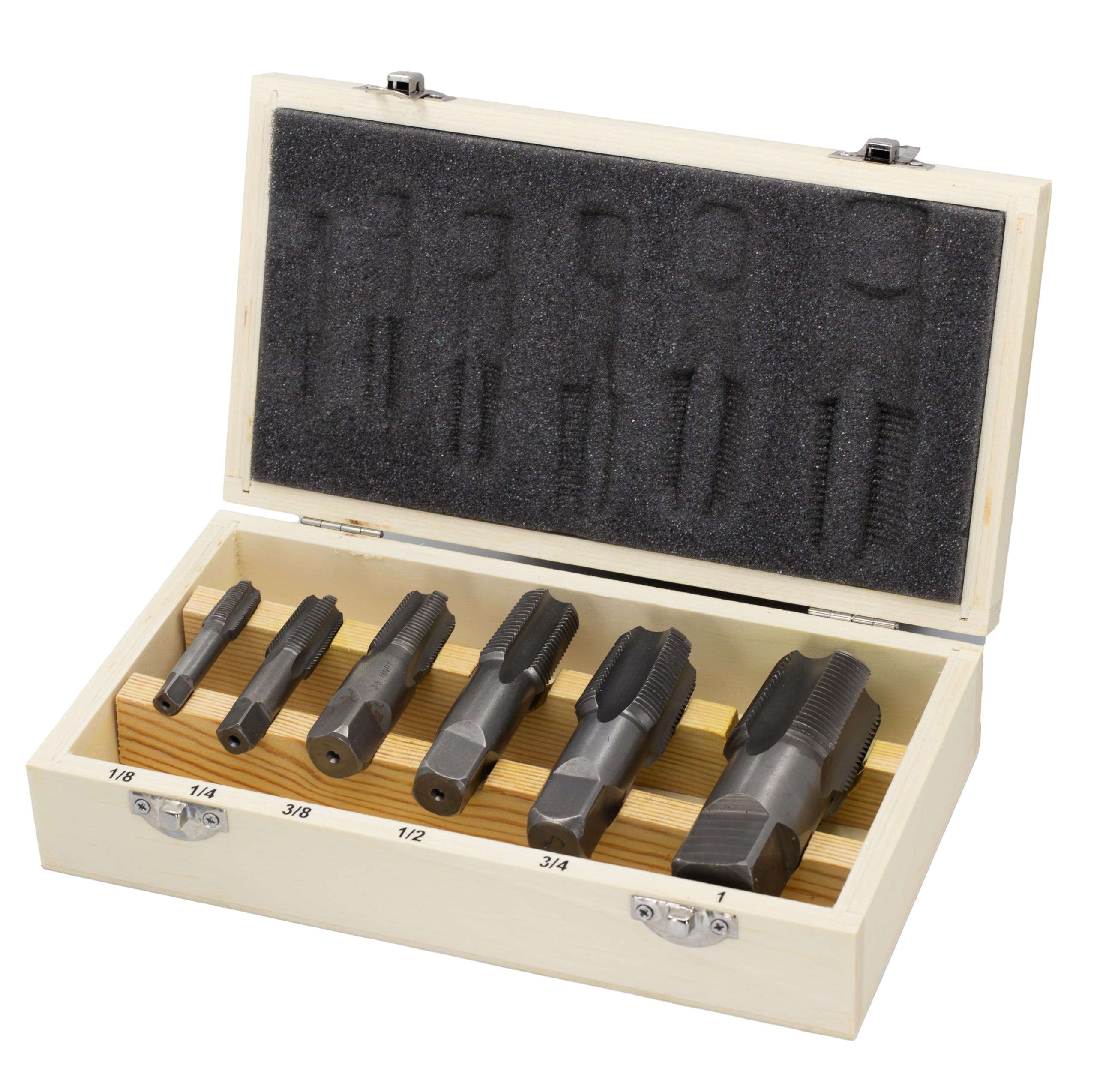 Photo 1 of Drill America - DWTPT1/8-1SET 6 Piece NPT Pipe Tap, Carbon Steel, DWTPT Series Set, 1/8", 1/4", 3/8", 1/2", 3/4" and 1" in Wooden Case