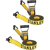 STANLEY 1.5" x 16' x 5,000 lbs Heavy-Duty Ratchet Straps, 2-Pack | 5,000 lbs Break Strength, Weather-Resistant, Padded Ergonomic Grip Handles, Coated Double J-Hooks, For Heavyweight Cargo