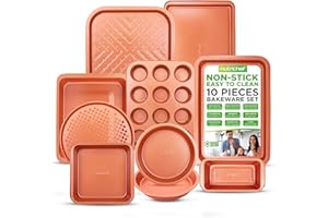NutriChef 10-Piece Nonstick Oven Baking Pan Set - Premium Carbon Steel Bakeware w/Cookie Sheets, Loaf & Cupcake Pans, Perforated Crisper Pans, Round & Square Roasting Pans, Easy to Clean - Copper