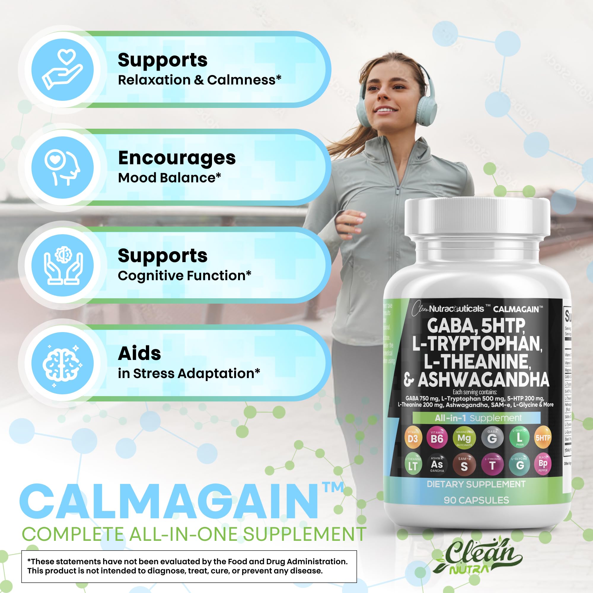 Clean Nutraceuticals GABA 750mg 5 HTP 200mg L Tryptophan 500mg L Theanine 200mg Ashwagandha SAM-e L-Glycine - Mood Support Vitamins for Women and Men with L-Tyrosine 5-HTP (5-Hydroxytryptophan)