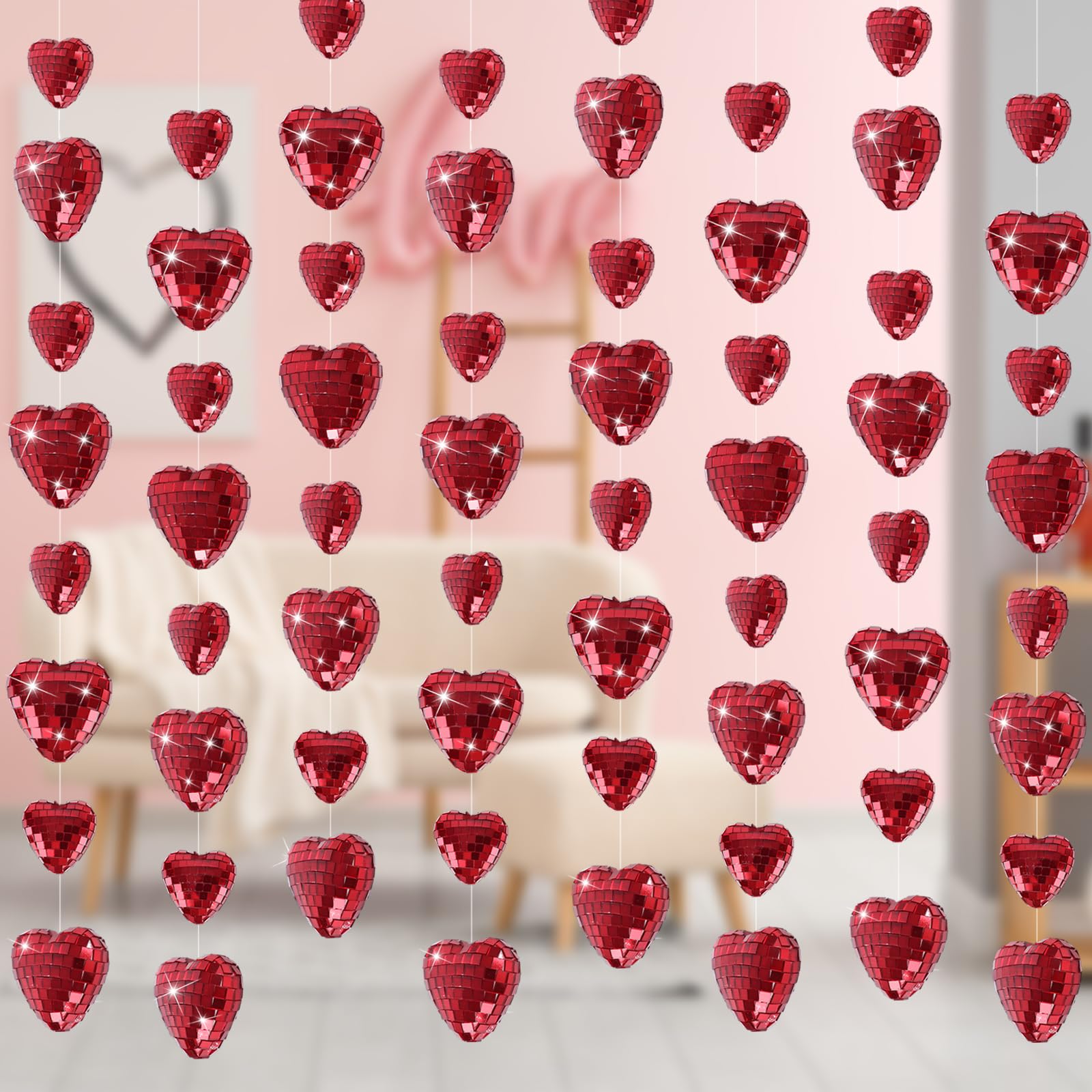 Photo 1 of 18 Ft Valentines Day Heart Garland Banner Valentines Mini Disco Red Heart Garland Mirror Glitter Hanging Valentine Decor for Anniversary Wedding Engagement Bridal Shower Party Supplies