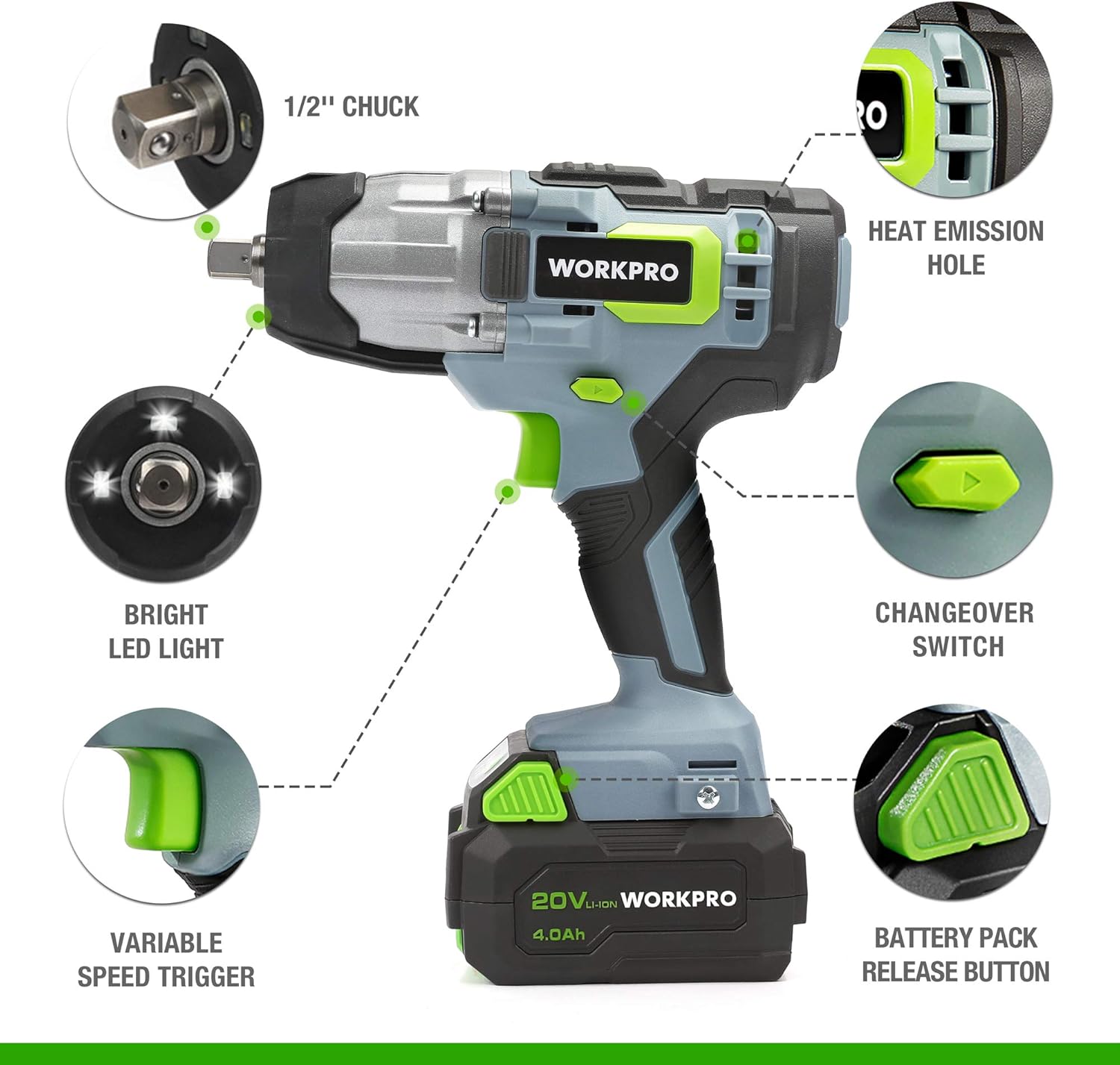 WORKPRO Cordless Impact Wrench Lightweight 20 V / 18 V, 4.0 Ah Li-ion Battery (Fast Charger), 1/2” Chuck - Image 3