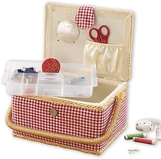 EASYmaxx Nähkästchen | Landhausstil | nützlicher Einsatz mit Staufächern | Inklusive 76-teiligem Zubehör [rot-weiß]