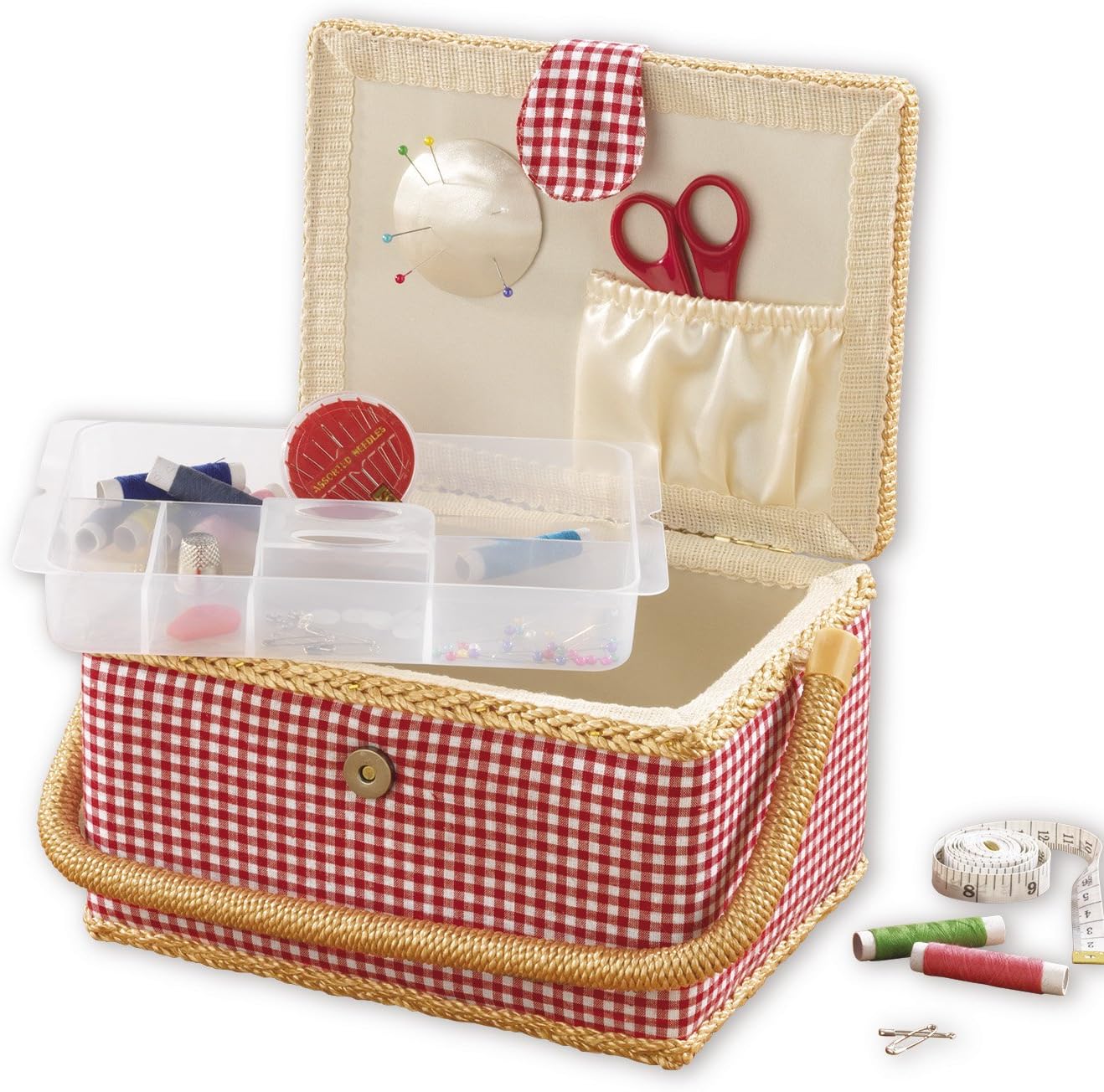 EASYmaxx Nähkästchen | Landhausstil | nützlicher Einsatz mit Staufächern | Inklusive 76-teiligem Zubehör [rot-weiß]