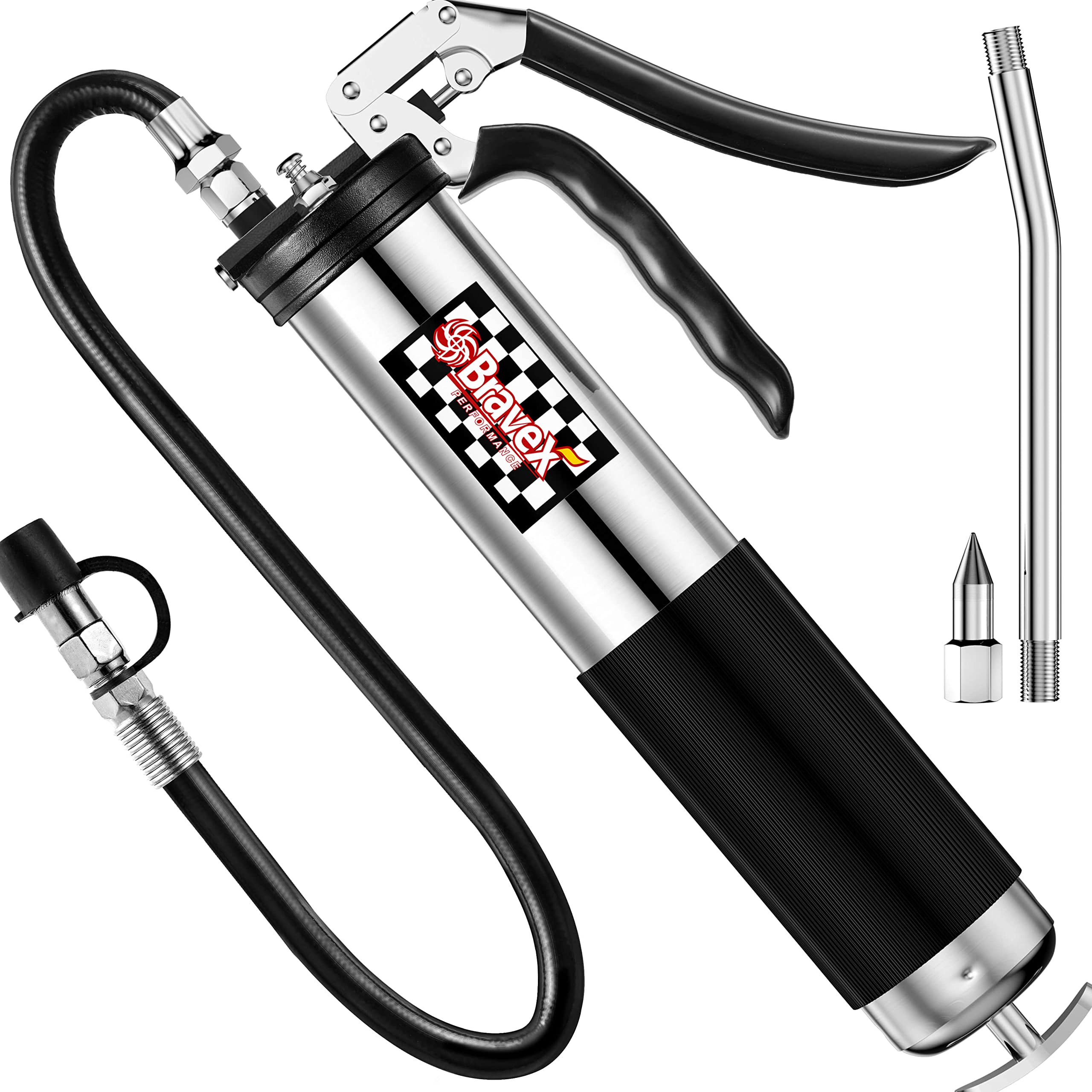 Motovecor Bravex Heavy Duty Professional Pistol Grip Grease Gun 6000 PSI with 18 Inch Flex Hose (14-14.5 oz/400cc)
