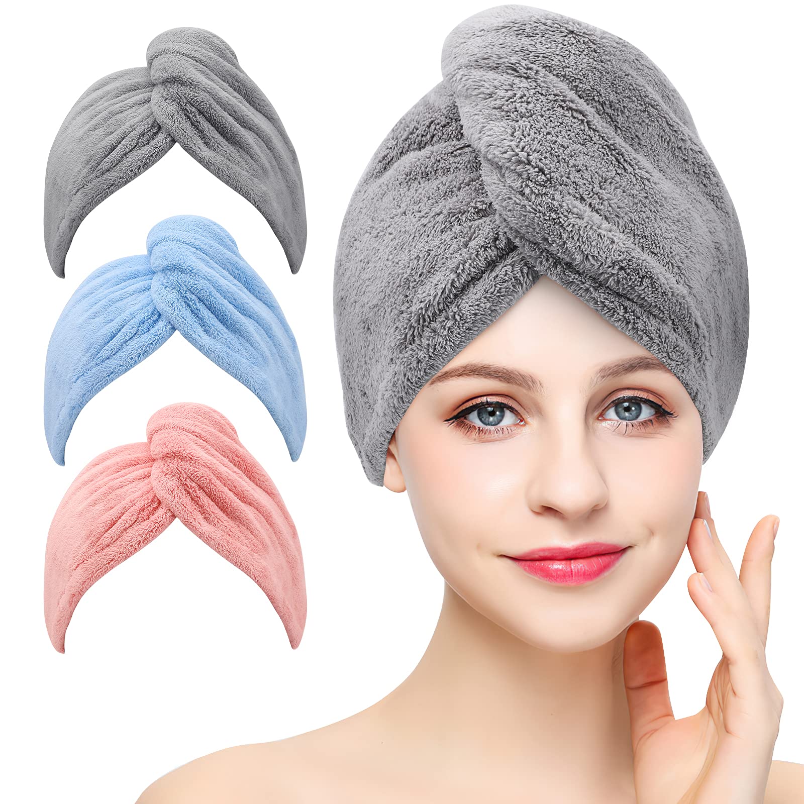 Laicky 3 Pack Microfiber Hair Drying Towel Wrap Super Absorbent Twist Turban Fast Dry Hair Caps with Buttons Bath Loop Fasten Salon Dry Hair Hat (Gray Pink Blue)