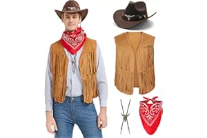 JoeRita Western Cowboy Costume Men Tasseled Vest Hat Bandana Necklace Cowboy Outfit Accessories for Halloween Cosplay