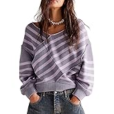 OFSOAK Womens Oversized Off Shoulder Sweaters Striped Loose V Neck Cropped Long Sleeve Color Block Knitted Pullover