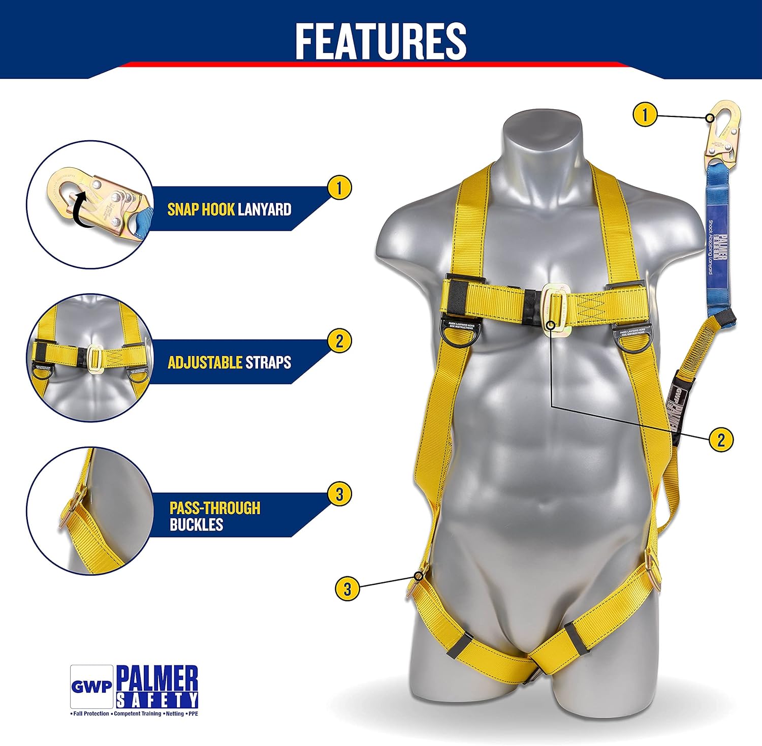 Palmer Safety Fall Protection Safety Harness w/Detachable 6' Single Leg Lanyard I EXTERNAL Shock Absorber Lanyard I OSHA/ANSI Fall Arrest Kit I Ideal for Industrial & Construction Use (Yellow - 1pk) - - 